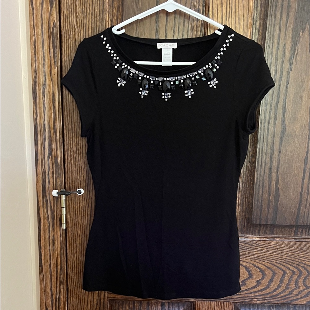 Cache Black Blouse with Beaded Neckline